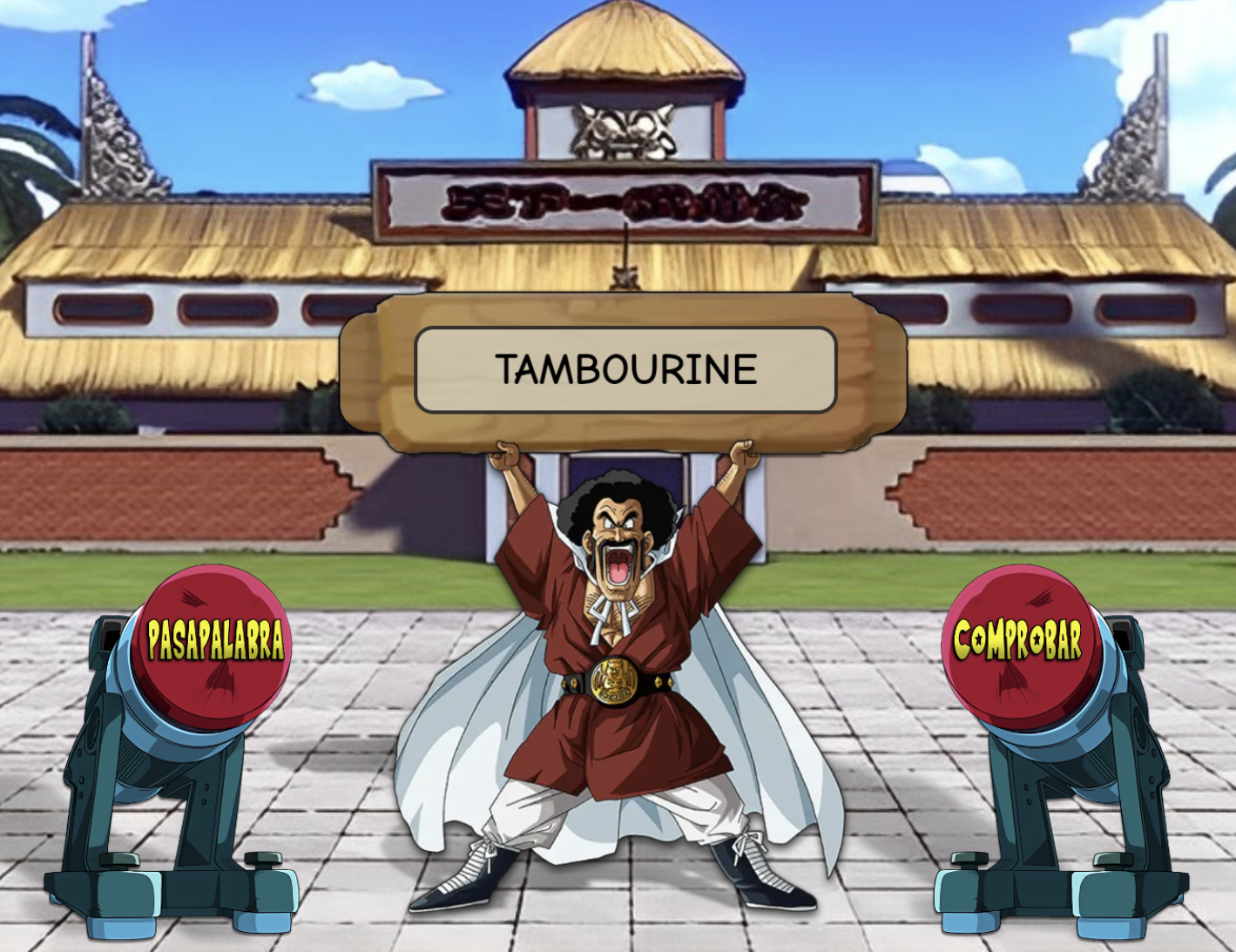 Panel for answering questions with Mr. Satan holding a board and 2 punch machines to answer or skip words.