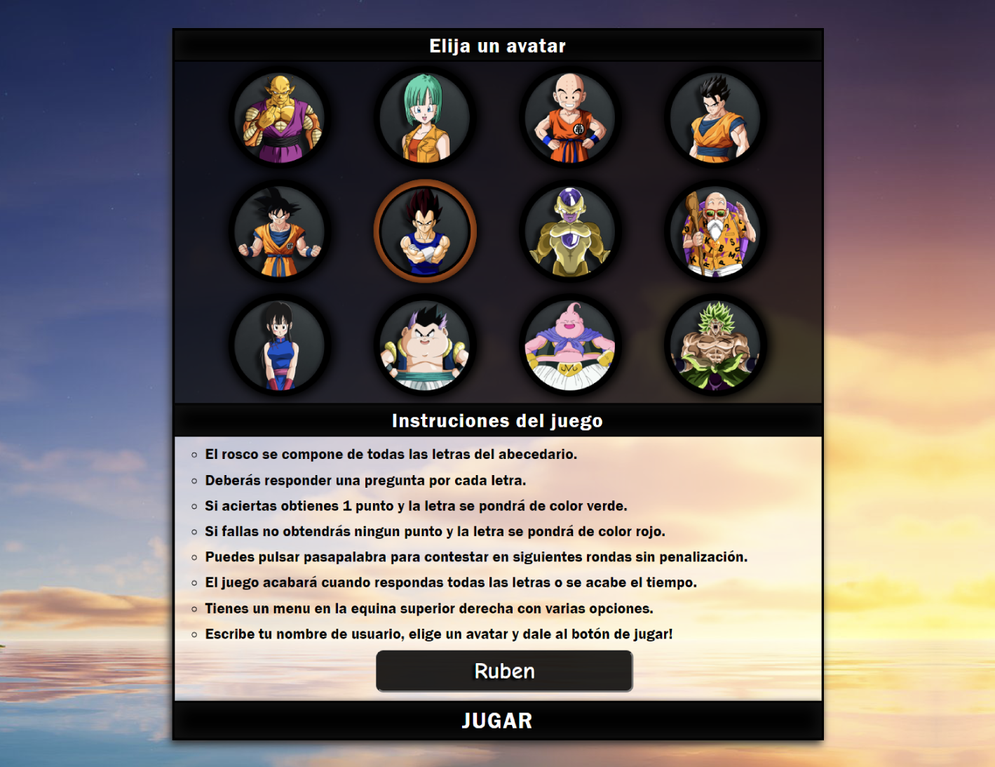 Homepage to choose from 12 avatars, game instructions, and an input to enter the username.